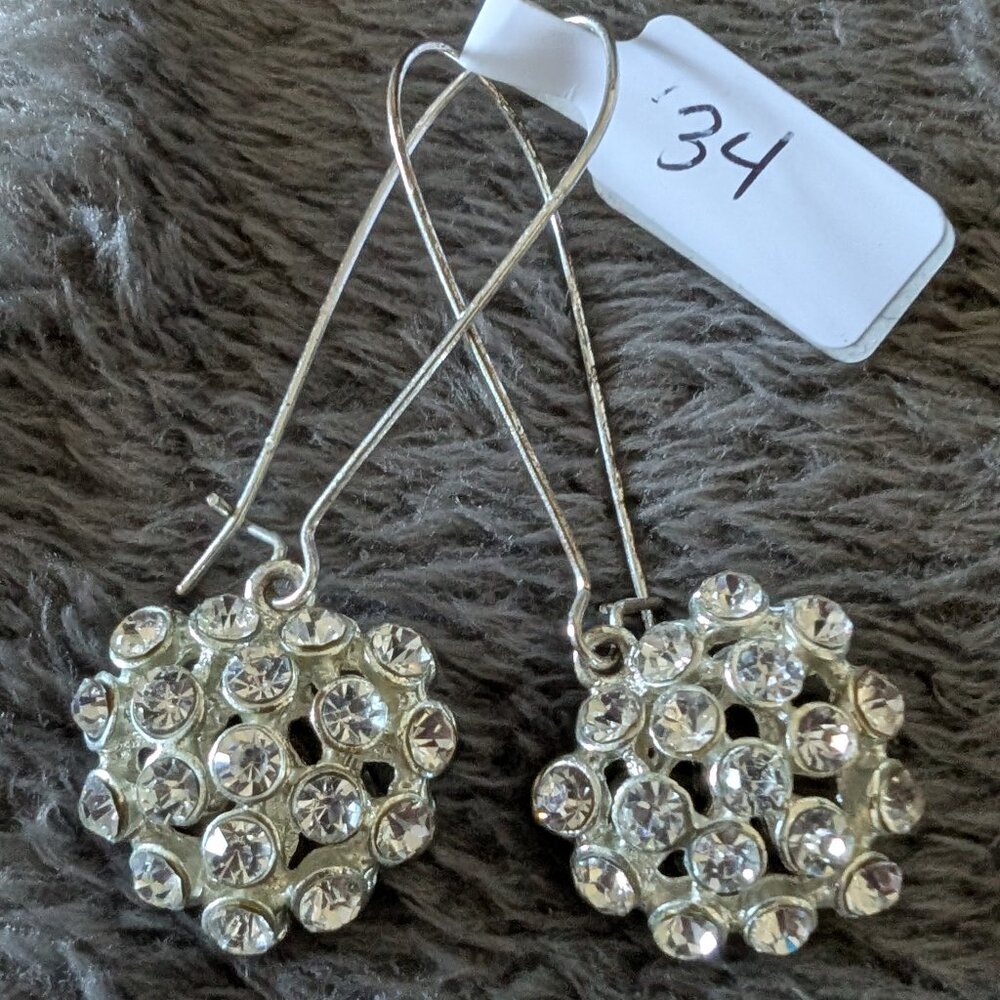 VINTAGE SILVER TONE PUFFY GEMMED HEARTS ON LARGE WIRE #34
